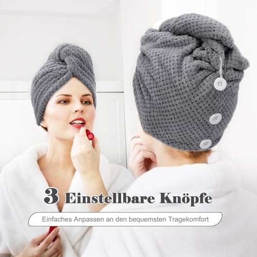 FREATECH Mikrofaser Haare Handtuch mit Waffelstruktur, 3 Stück Schnelltrocknendes Turban Handtuch Haare, Superweiches und Saugfähiges Haarturban mit 3 Knöpfen für Frauen, Kinder, Langes Lockiges Haar