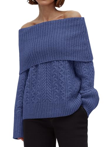 MASCOMODA Womens Sweaters Off The Shoulder Long Sleeve Cable Knit Sweater Loose Chunky Pullover Dressy Work Tops Fall Fashion2