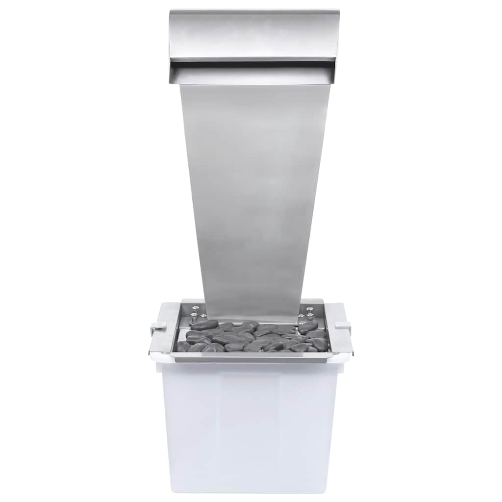 Fontana da giardino a cascata in acciaio inox, colore argento, 34 x 49 x 82 cm, con pompa, luce a LED, luce bianca calda, cascata per giardino, terrazza, laghetto, esterno, Feng Shui