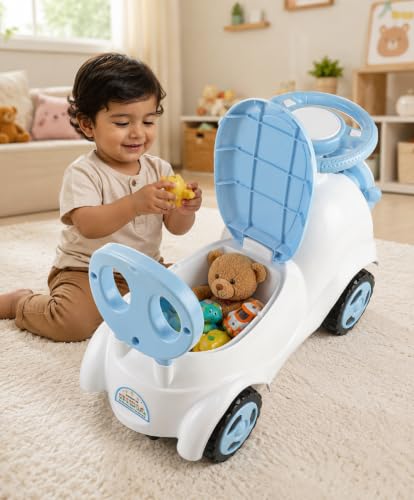 Image of JoyRide Ride on & Car for Kids with Music & Horn Steering, Push Car for Baby with Backrest,Under Seat Storage & Big Wheels, Ride on for Kids 1 to 3 Years Upto 25 Kgs (Elephant, Blue)