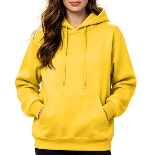 Womens Hoodies Trendy Workout Hoodie Casual Versatile Loose Fit Clothes Sudaderas para Mujer Fall and Winter Round Neck Sweaters Yellow Small