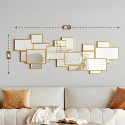 Image of Uniclinens Gold Wall Mirror Decor - Large Modern Wall Art Mirror Deco for Living Room, Boho Glam Wall Mirror for Dining Room, Entryway, Hallway, Bedroom,51 inchX19 inch