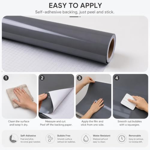 Image of Vinyl Contact Paper Decorative for Cabinets Countertops Kitchen Shelves Liner Self Adhesive Film Peel and Stick Waterproof Removable Wallpaper (Inches 24 x 300, Glossy Grey)