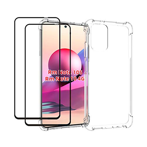 QCMM Compatible for Xiaomi Redmi Note 10 / Redmi Note 10S Case with Tempered Glass (2 Pieces) Slim Shock Absorption TPU Soft Edge Bumper with Reinforced Corners Transparent Protective Cover