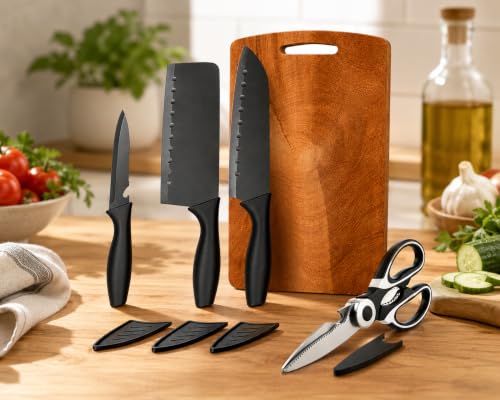 Image of Kitchen Knife Set with Wooden Cutting Board & Kitchen Scissors | Black Coted Stainless Steel Blade with Cover | Heavy-Duty Kitchen Scissors | Wood Chopping Board for Vegetable, Fruit & Meat Cutting