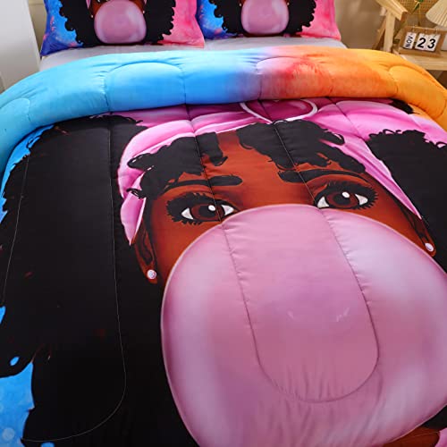 African American Black Girl Comforter Set For Kids And Adults, Twin Size Black Girl Bubble Gum Bedding Comforter With 2 Cute Afro Hair Girl Pillowcases - 68" X 86 #TOP4
