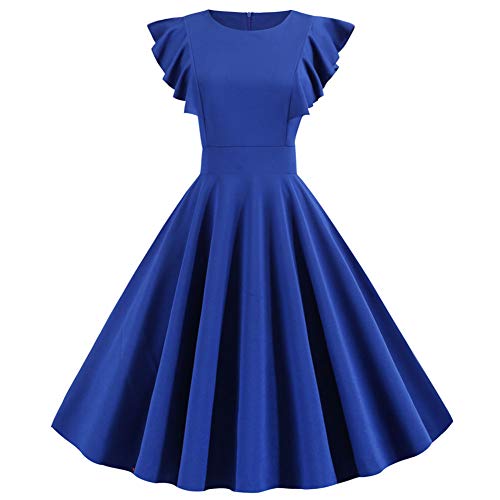 Gizayen Vestido de manga voadora de cor sólida para mulher, estilo vintage, grande, azul, pequeno