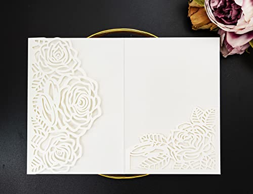 Builcker Laser Cutting Invitation Card Greeting Card Graduation Party Rose Flower Wedding Birthday Party Invitations Invitation Pocket With Envelope (White) #TOP2