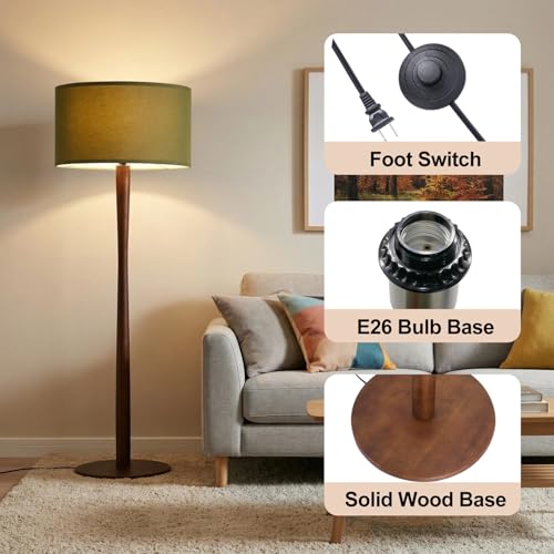 Image of 62 inch Tall Rustic Walnut Wood Floor Lamp with Large Linen Shade, Green
