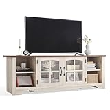 LINSY HOME TV Stand for 75 Inch TV, Modern Farmhouse Entertainment Center with Storage Cabinets and Glass Doors, Tall Media Console Table for Living Room, Bedroom, Large Long Television Stand, Beige