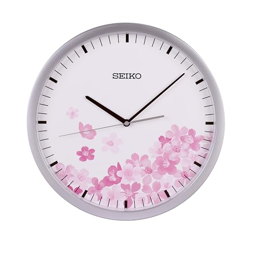 SEIKO PIA020SRH Round Non Ticking Wall Clock, Cherry Blossom, Silver, 14 Inch