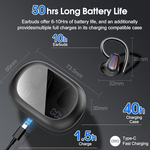 OYIB Wireless Earbuds Sport, Mini Bluetooth 5.4 Headphones with 4 ENC Mic, 50H Playtime Wireless Headphones with Earhooks, LED Display, IP7 Waterproof Earphones for Running/Gym, Deep Black - View 6