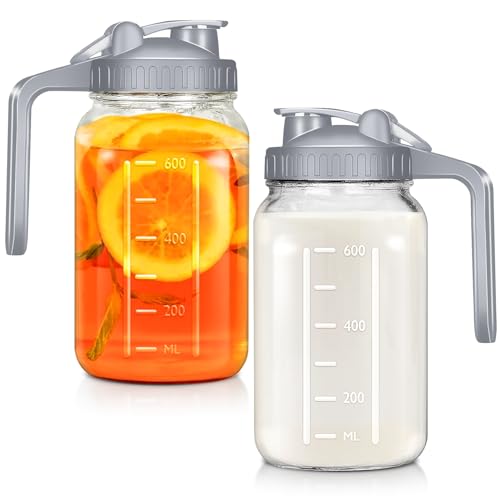 Image of irjeen Glass Mason Jar Pitcher with Lid, 32oz Breast Milk Pitcher Leak Proof, Heavy Duty Wide Mouth Jar with Pour Spout Handle for Breastmilk, Water, Juice, Milk, Tea, Iced Coffee, 2 Pack