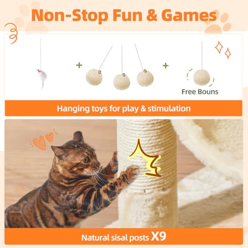 Image of Taoqimiao Large Cat Tree, 73 in Tall Cat Tower with 2 Plush Big Cat Condos