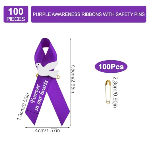 WANDIC 100pcs Purple Ribbon Pins Alzheimer's Disease Awareness Badges Domestic Violence Brooch Memorial Ribbon Pins Badges for Funeral Mourning Event Bereavement Remembrance - Image 2