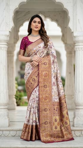 Image of C J Enterprise Women's Kanjivaram Style Soft Silk Saree Heavy Zari Woven Traditional Wedding Saree with Blouse Piece (Morpankh)