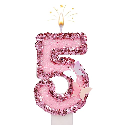 2.7 Inch Birthday Number Candles, Pink Number Candles Cake Topper Butterfly Birthday Candles with Sequins Glitter for Anniversary Celebrations Supplies (Number 5)