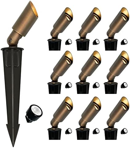GKOLED Mini Size Brass Landscape Spotlight, Low Voltage 12V AC/DC Outdoor Directional Up Light, 180 Lumens, 3W MR8 LED Bulb ABS Ground Stake Included, 2700K, Garden Patio Trees Spot Uplight (10-Pack)