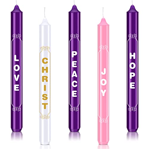 Tondiamo 5 Pieces Christmas Advent Candles with Words Love, Christ, Peace, Joy, Hope White Advent Wreath Candlestick Christmas Advent Candle Taper Candles Purple Candle for Church Advent Wreath Decor
