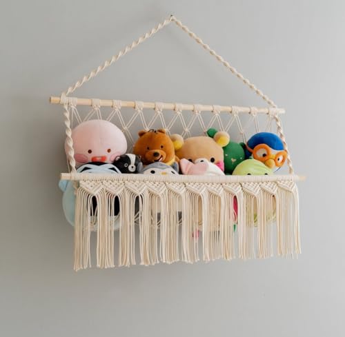 Image of Decazone Macrame Toy Hammock Organizer for Stuffed Animals | Handmade Cotton Rope Storage Net | Boho Wall Hanging Nursery Organizer | Corner Mesh Hammock for Kids Room & Home Decor (1 Tier)