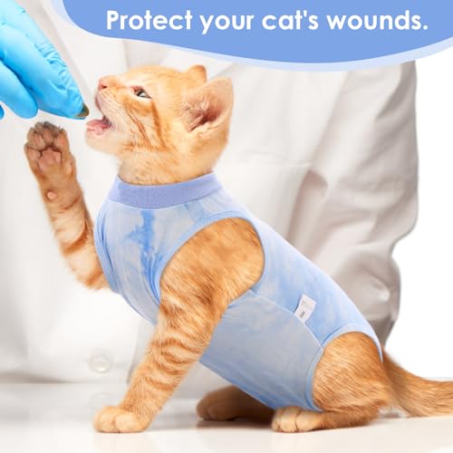 Image of SAWMONG Cat Surgery Recovery Suit,Breathable Cat Onesie After Surgery Spay Surgical,E-Collar Alternative Non-Lick Pet Body Suit Blue S