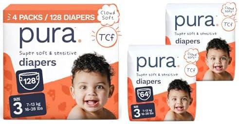 Pura Baby Diapers Size 3 – 192 Diapers (6 Packs), 16-28 lbs, 12hr Leak Protection, Hypoallergenic Diapers for Sensitive Skin, Toxin-Free, Blowout Blocker™, Wetness Indicator*