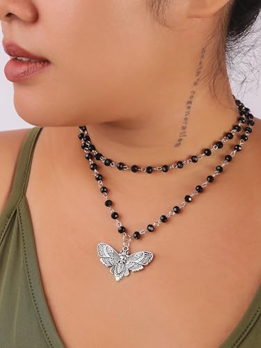 Sacina Layered Black Moth Skull Choker, Black Beaded Choker, Gothic Goth Necklace, Christmas Jewelry Gift for Women2