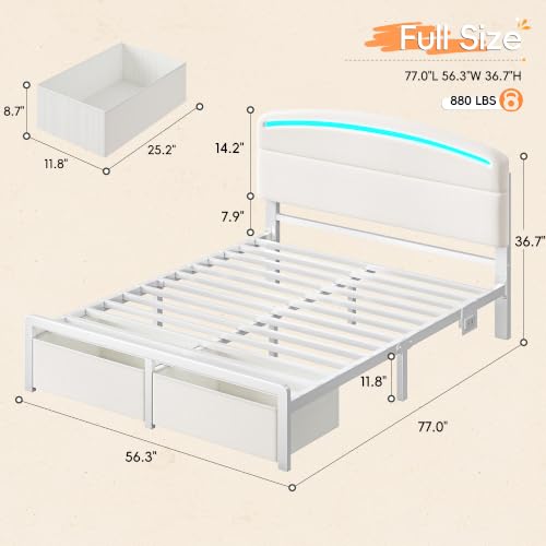 Homkdom Full Size Bed Frame with Upholstered Headboard, USB-C & LED, Beige - image 2
