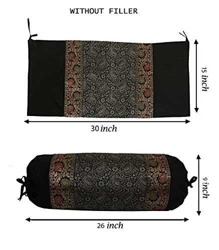 Dk Homewares Ethnic Jacquard Brocade Silk Bolster Yoga Rectangular Pillowcase Cover Paisley Black Tubular Living Room Decorative Cylindrical Hotdog Indian Throw Pillowcase 76X38 Cm - Set Of 2 Pcs #TOP3