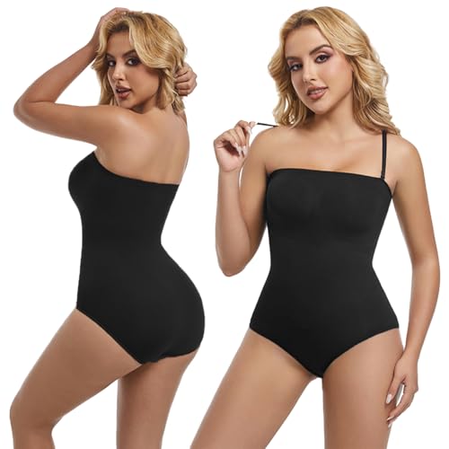 2XK-NOV Tube Top Shapewear Damen Body, Formende Body Shaper mit leichter Kompression, Bauchweg Shaping Bodysuit Mit Abnehmbarer Schultergurt (1, Schwarz, M)