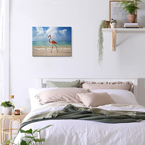 Purple Verbena Art Flamingo On Beach Pictures Prints On Canvas Painting, Modern Animals Photos Giclee Walls Artwork For Home Office Decor Decorations, Stretched And Framed Art Work, 12X16 Inches #TOP2