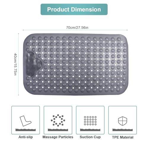 LYASIL Alfombrilla Ducha Antideslizante con Ventosas, Grande Alfombra Ducha Resistente al Moho y Lavable a Máquina Alfombrilla de Bañera, Alfombra Bañera para Baño y Zonas Húmedas (Grey)