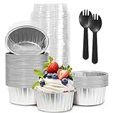 50Pcs Mini Aluminum Foil Cupcake,5oz Baking Cups with Lids,Mini Cake Pans Disposable,Loaf Pans with Lids,Disposable Ramekins,Tin Cups Containers for Cupcake,Pudding,Muffin,Cheesecake (Silvery)