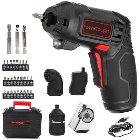 Werktough 4V Cordless Screwdriver Rechargeable 1500mAh Electric Screwdriver Set with 4 Changeable Heads for Cutting 90°Conversion Eccentric and Torque Adjustable Quick USB Charger Cover