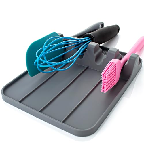 UHMER Silicone Utensil Rest and Spoon Holder, Heat Resistant Kitchen Spoon Rest for Multiple Utensils, Dishwasher Safe Drip Pad for Spatulas, Tongs, Ladles, and Spoons (Cool Gray)