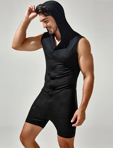 SEAUR Mens Jumpsuits One Piece Shorts Casual Fashion Summer Sleeveless Slim Fit Hooded Button Lightweight Rompers Bodysuit Black XL