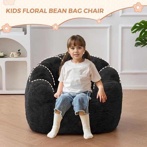 Image of MAXYOYO Kids Bean Bag Chair, Floral Shaped Bean Bag Sofa, Plush Faux Fur Toddler Couch with Petal Backrest for Boys Girls, Stuffed Cozy Sofa for Nursery, Bedroom, Black
