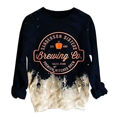 Reverse Tie Dye Halloween Sweatshirt for Women Sanderson Sister Bleached Graphic Tees Funny Long Sleeve Shirt, Black, Medium Cover