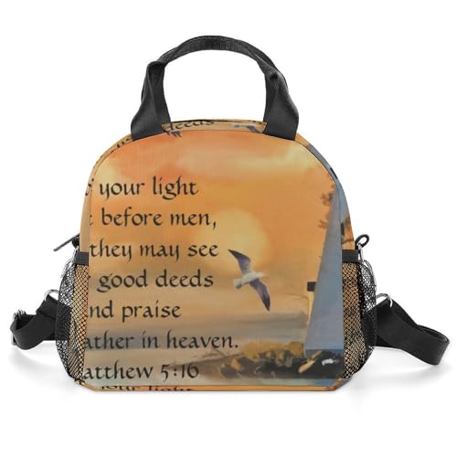HYDJLXA Personalized Lighthouse Sunset Bible Verse All Print Insulated Lunch Bag with Waterproof And Oil Resistant Thick Aluminum Foil for Both Men And Women
