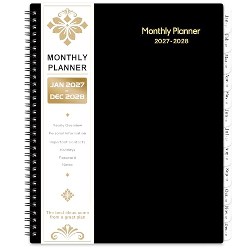 2027-2028 Monthly Planner - 2 Year Planner 2027-2028, JAN 2027 - DEC 2028, 9" x 11", 2 Year Calendar 27-28 Monthly Planner with Tabs, Pocket, Label, Contacts - Black