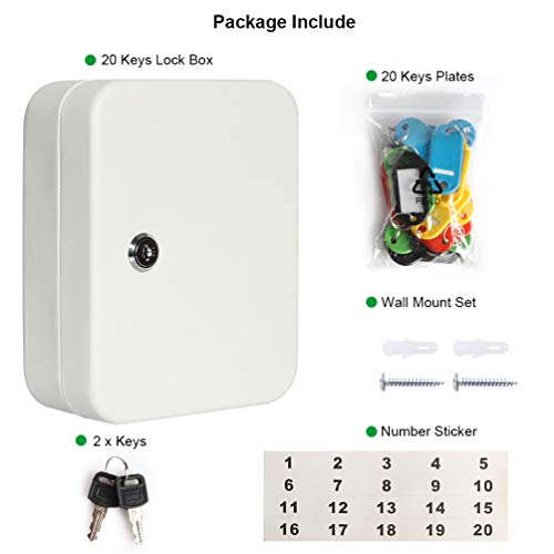Jssmst Key Lock Box Wall Mount Security Key Storage Box, Locking Key Cabinet Wall Mount With 20 Key Hooks & Tags Key Labels, 7.87 X 6.3 X 2.95 Inches, White Matt #TOP5