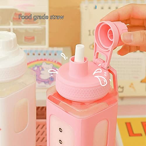 Image of Openja Plastic Kawaii Water Bottle with Straw Cute Large Water Bottles with Kawaii Stickers Aesthetic Leakproof Square Drinking Bottle.700ML (White)