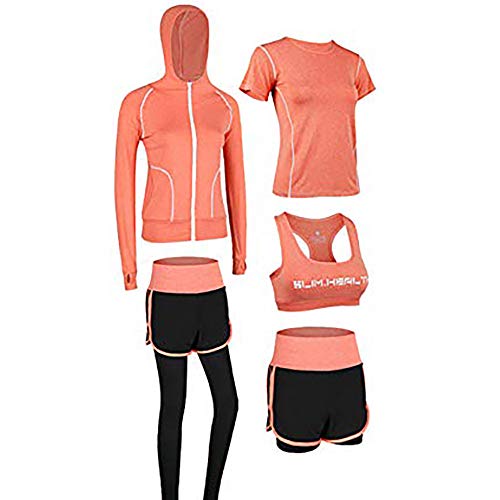 JWDUDS Women's Quick Drying Fitness Clothing 5Pcs Set Yoga Suit, Sport Suits,Fitness Running,Elastic Coat/T-Shirt/Sport Bra/Short/Leggings Fit for Gym Training Orange-S