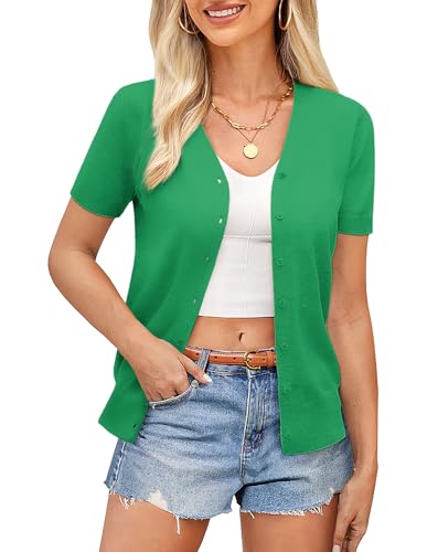 GRACE KARIN Womens Green Short Sleeve Cardigan Sweater Soft Lightweight V-Neck Button Down Outfits Cropped Shrug Sweater (Green,2XL)