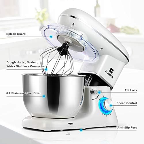 3-in-1 Stand Mixer Mixers For Baking 6.2L Stainless Bowl kitchen mixers 6 Speed Settings 1400 W Powerful Motor Lower Noise With Dough Hook, Whisk ,Beater , Splash Guard White
