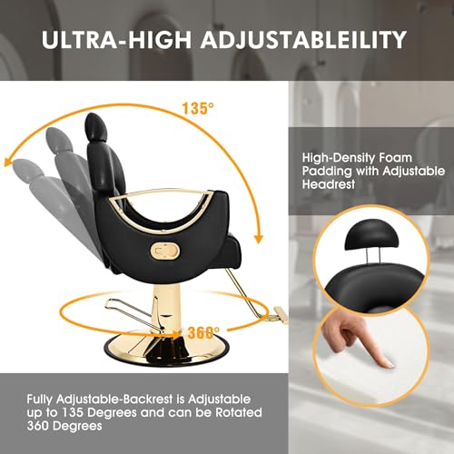 Artist Hand Salon Chair Reclining Barber Chair Oversized Hydraulic Pump Heavy Duty Hair Salon Chair 360 Degree Swivel Hair Chair for Hair Stylist, Beauty Spa Equipment Max Load 400 LBS, Black and Gold