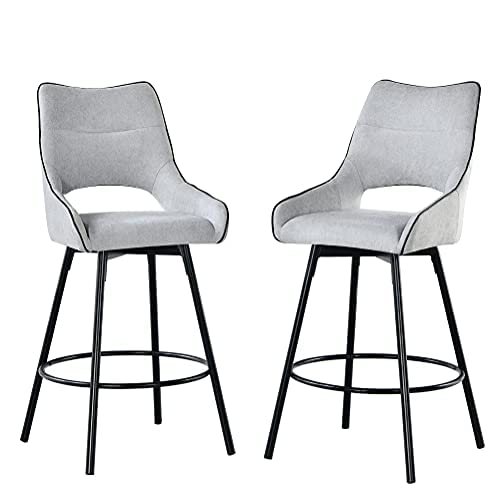 Counter Height Barstool Set of 2-360° Swivel Upholstered Fabric Bar Stools with Grey Comfy Back, Arm, Footrest, 26" Seat Height, Dining Chairs for Island Pub Coffee Home Dining Kitchen