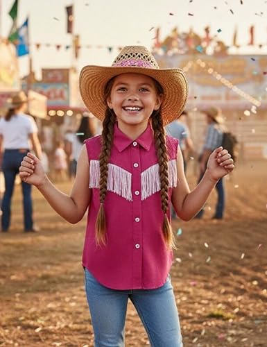 Image of Girls Fringe Shirt Sleeveless Button Down Western Cowgirl Tassel Trim Casual Blouse Shirt Top 4-13Y