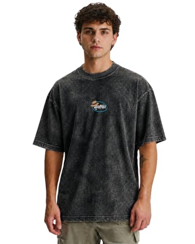 Image of VEL Heavy GSM Pure French Terry Cotton Men's Graphic Print Oversized Fit Half Sleeve Round Neck Cotton Acid Wash Print T-Shirt