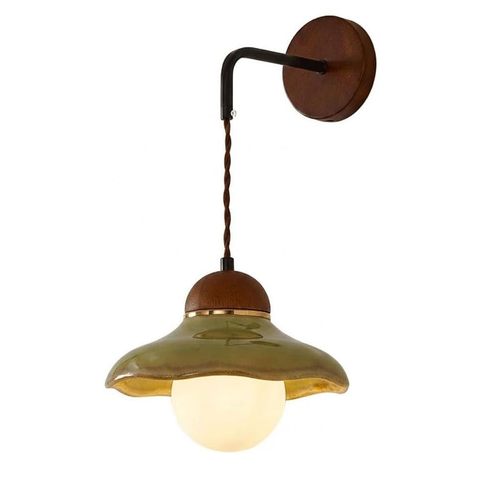 HEBXMF Nordic Industrial Style Ceramic Wall Lamp, Paired with Solid Wood Decoration and Round Glass Lampshade, Interior Wall Sconces, Bedroom Entrance Staircases Decorative Lighting Fixtures